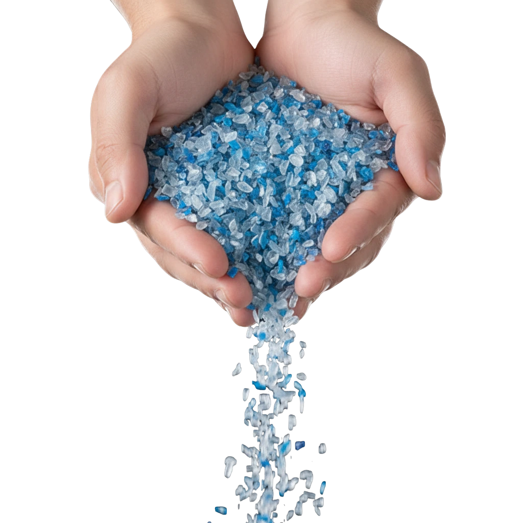 Biji plastik daur ulang berwarna biru dan transparan dalam genggaman tangan sebagai simbol layanan Bina Plastik Nusantara